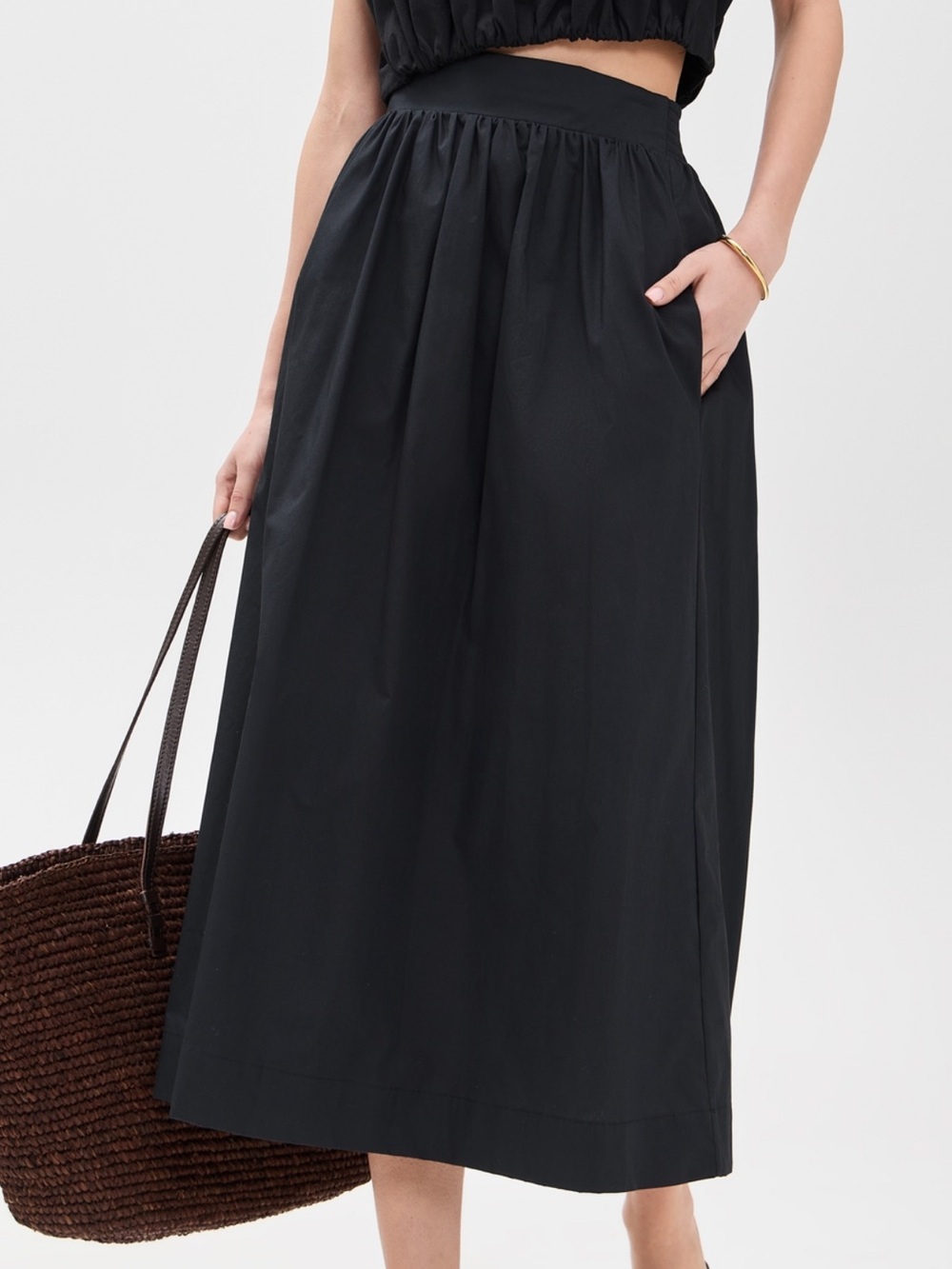 Black High-Waist A-Line Midi Skirt